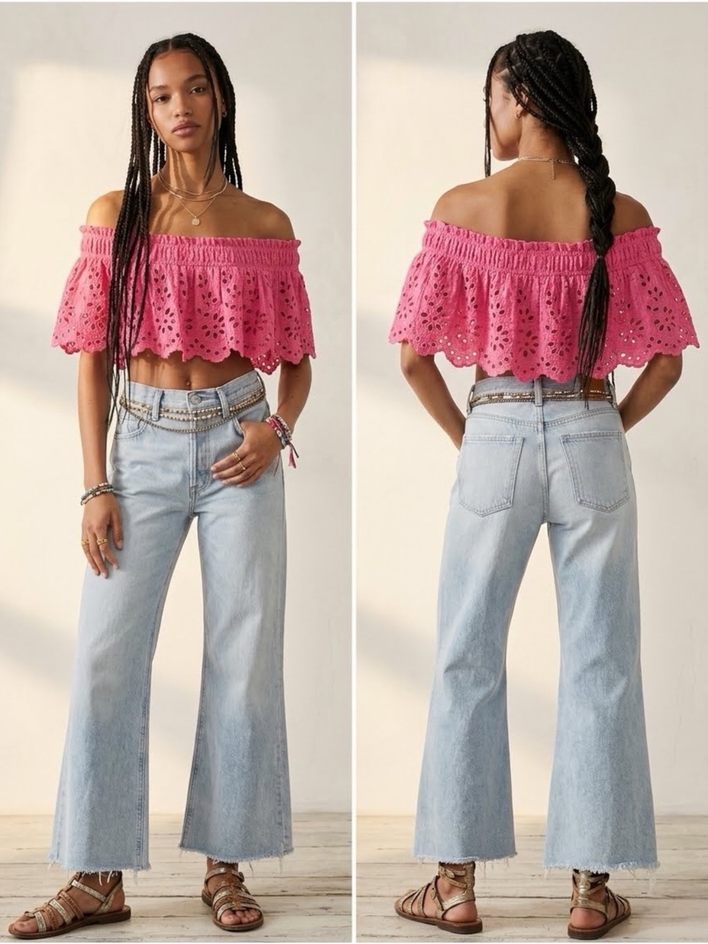 NWT Free People Perla Eyelet Crop Top Pink Size Medium FP One Off Shoulder Boho